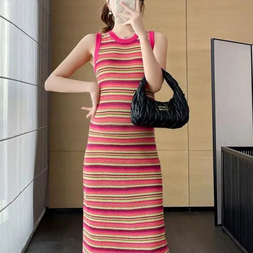 Load image into Gallery viewer, Korean Fashion Summer Pink Striped Patchwork Elegant Round Neck Slim Vest Long Dresses For Women Sleeveless Sexy Chic Dress 2025
