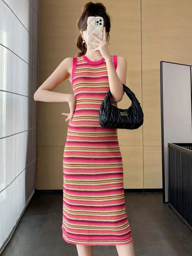 Korean Fashion Summer Pink Striped Patchwork Elegant Round Neck Slim Vest Long Dresses For Women Sleeveless Sexy Chic Dress 2025