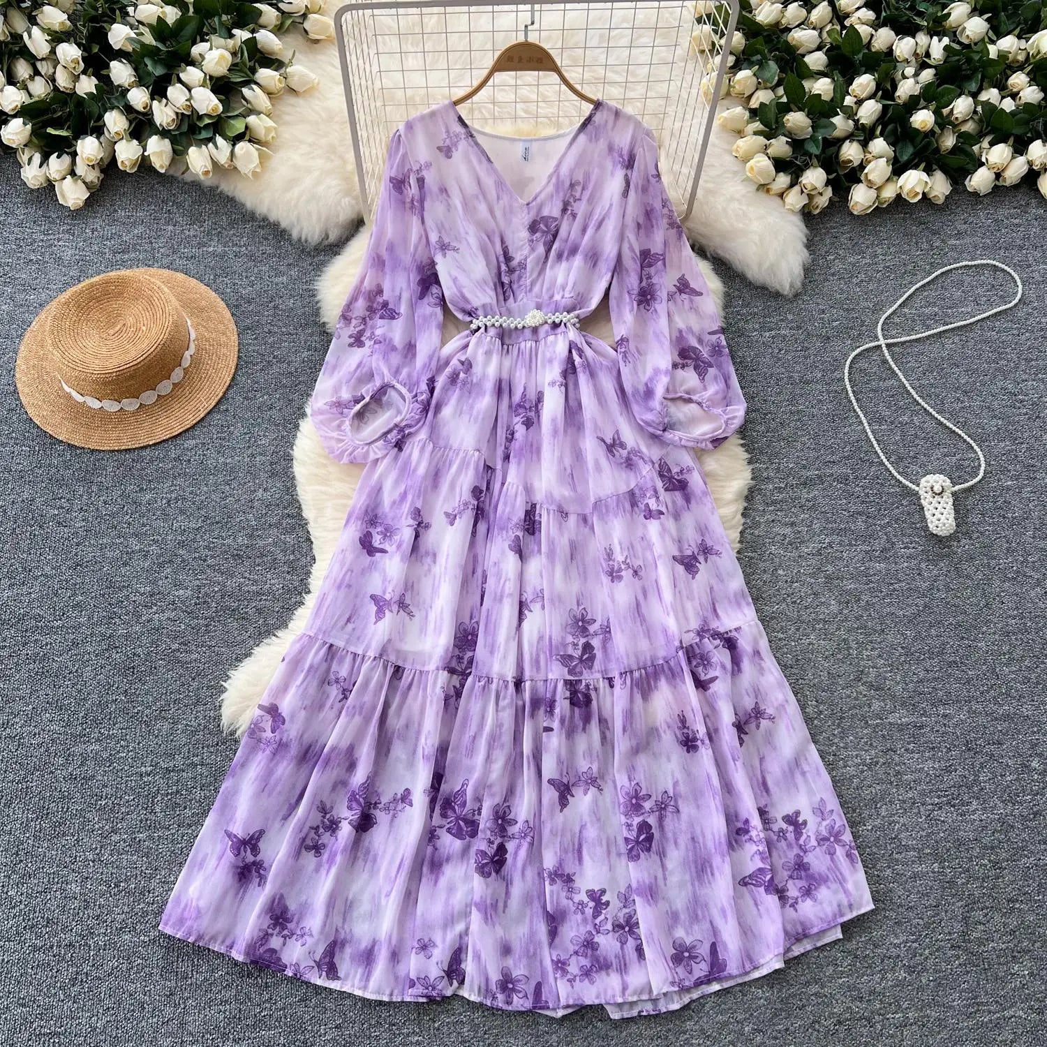 French Women Vintage Sweet Printed Birthday Evening Party Long Dresses Autumn New V Neck  Lantern Sleeves Pleated Dress Bohemian
