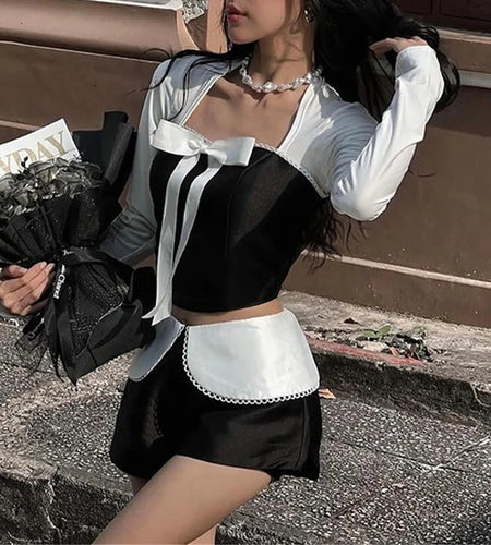 y2k Clothing Women Fairycore Crop Top Bow Lace Trim Contrast Color Square Collar Long Sleeve T Shirt 2000s Streetwear
