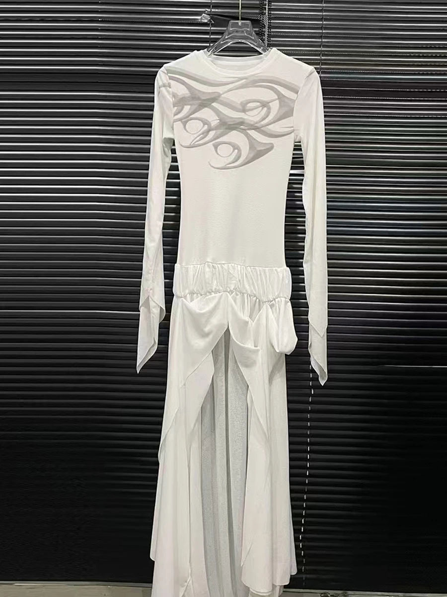 Hit Color Loose Dresses For Women O Neck Long Sleeve High Waist Temperament Long Dress Female Fashion Style Clothes
