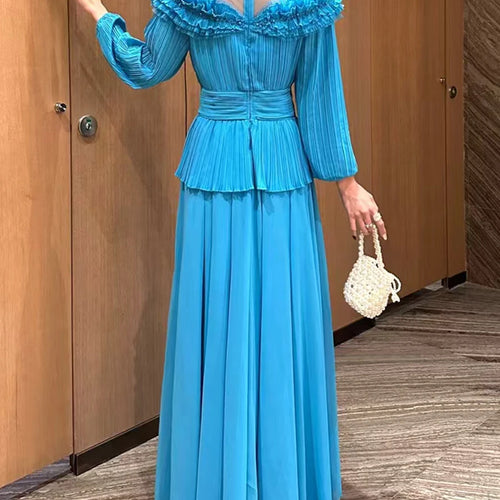 Load image into Gallery viewer, Solid Spliced Ruffles Loose Dresses For Women O Neck Long Sleeve High Waist Temperament Long Dress Female Fashion
