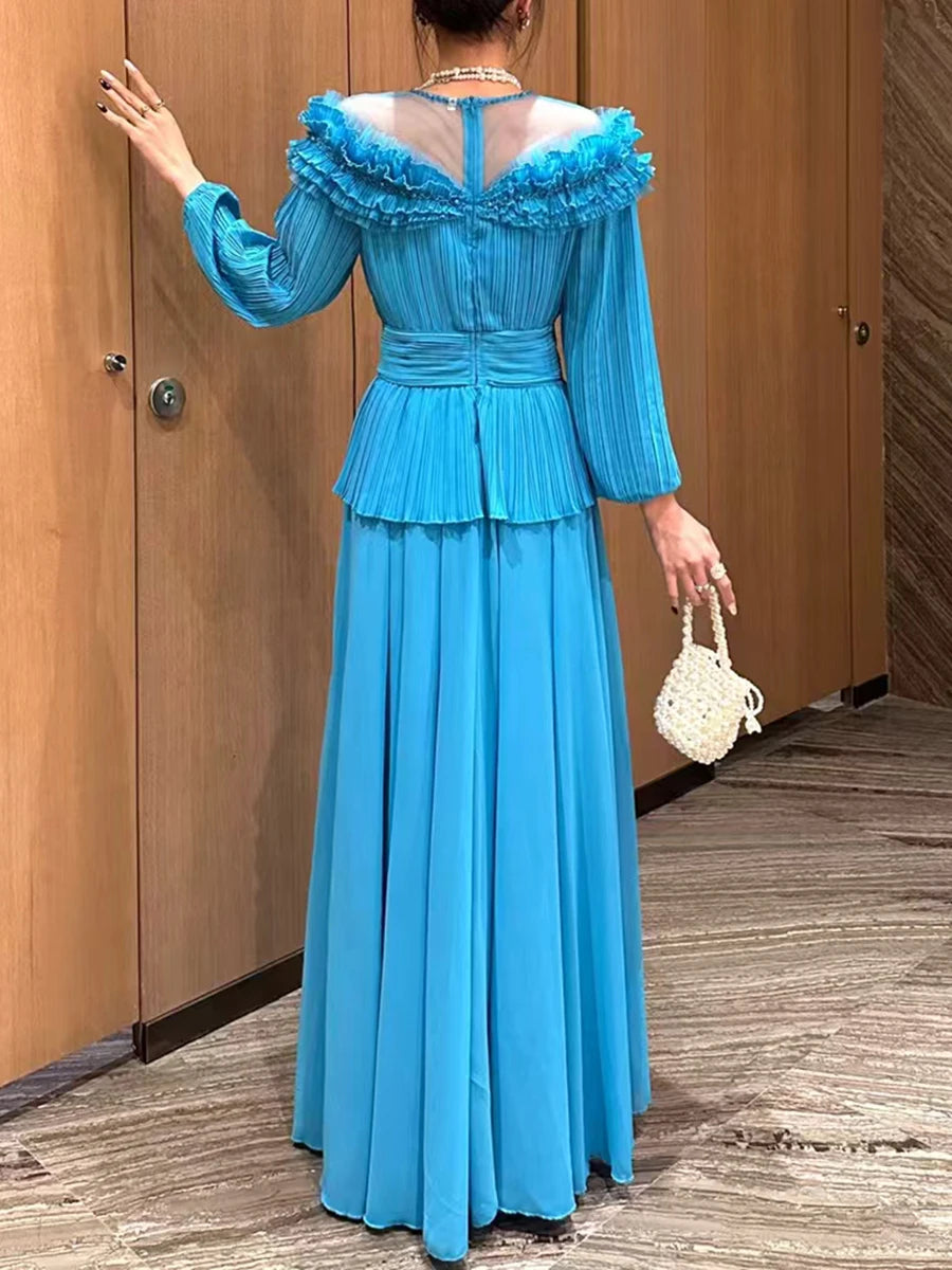 Solid Spliced Ruffles Loose Dresses For Women O Neck Long Sleeve High Waist Temperament Long Dress Female Fashion