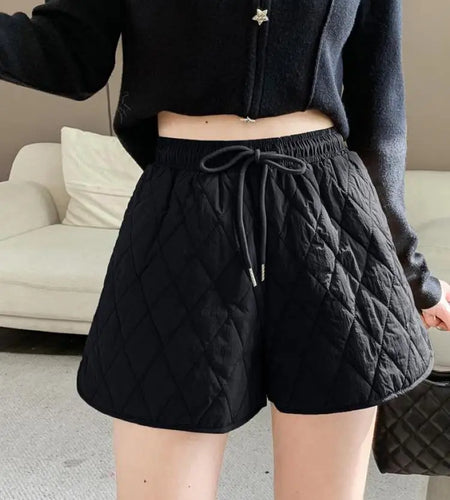 Solid Diamond Wide Leg Shorts Women Autumn Winter New Korean Elastic High Waist Casual Loose Vintage Harajuku Fashion Streetwear