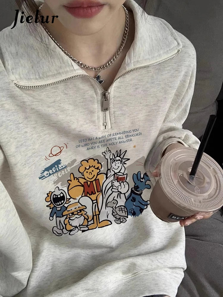 Printing Zipper Polo Neck Women's Hoodies Basic Chic Streetwear Winter Casual Loose Fashion Female Hoodies Office Lady