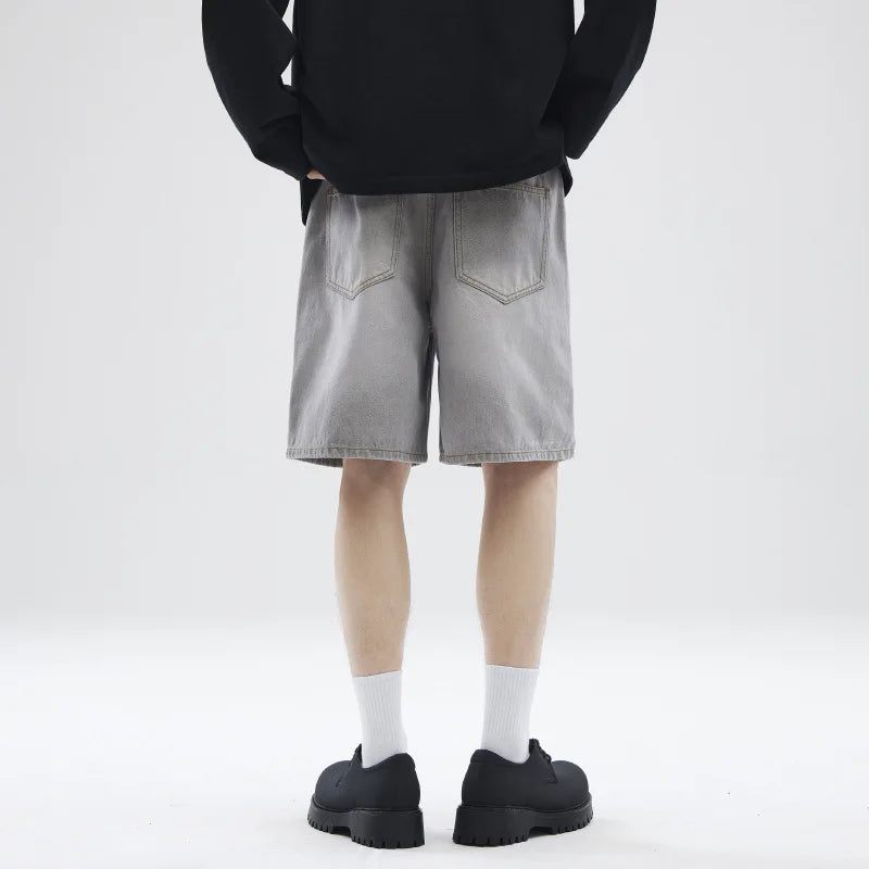 American Fashion Men's Denim Shorts Solid Color New Summer Male Loose Straight Leg Five Quarter Pants Trendy 2025 9W1348