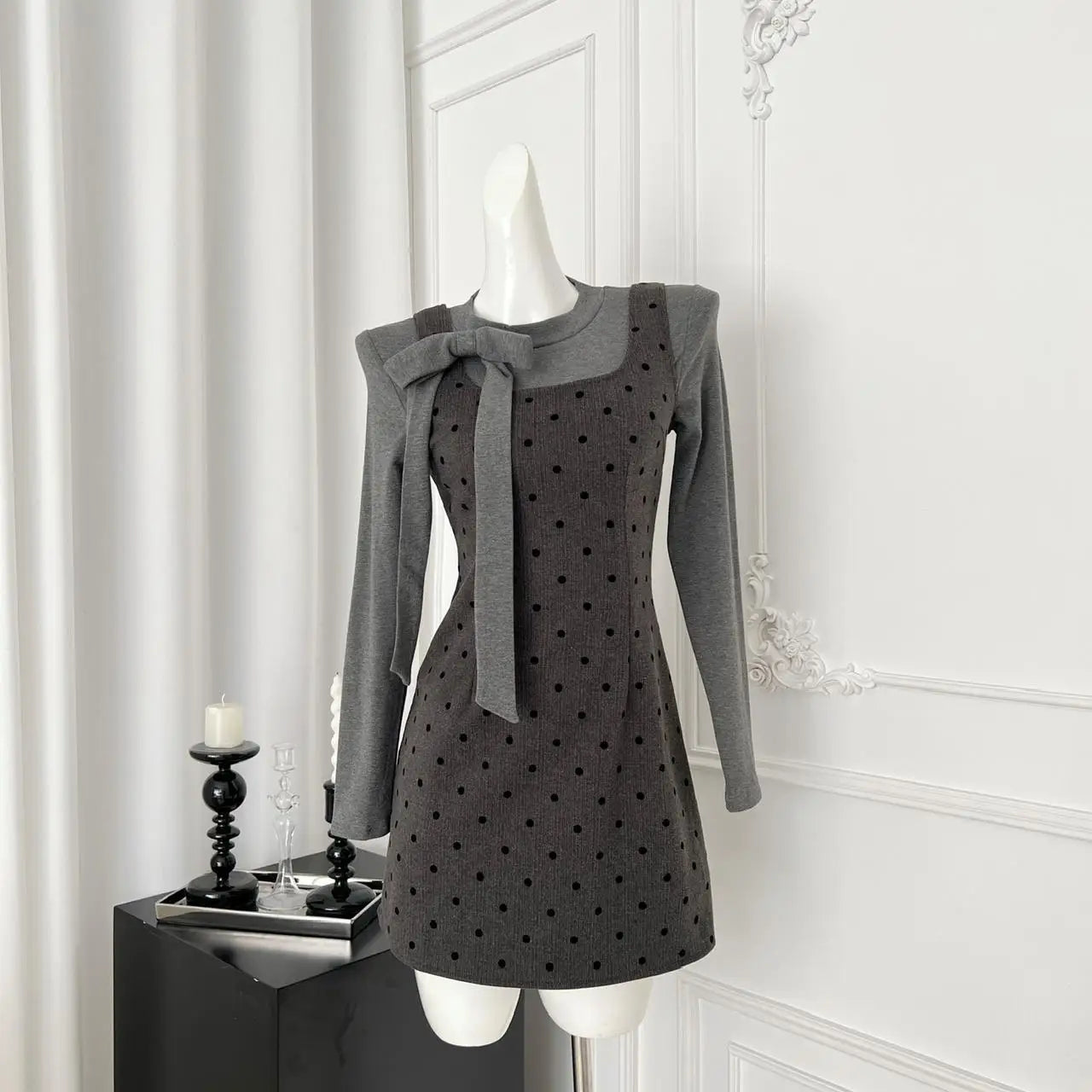 Autumn Women's Fashion 2024 French Two-piece Set Grey Bow Long Sleeves Tops + Square Neck High Waist Dot Wrap Hip Short Dresses