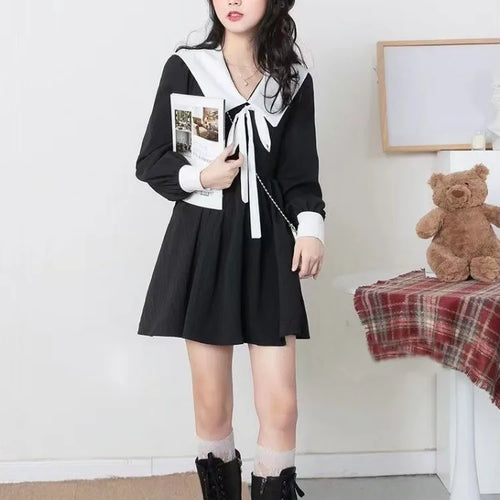 Load image into Gallery viewer, Preppy Style School Black Dress Women Soft Girl Sweet Kawaii Cute Student Mini Short Dresses Autumn Winter
