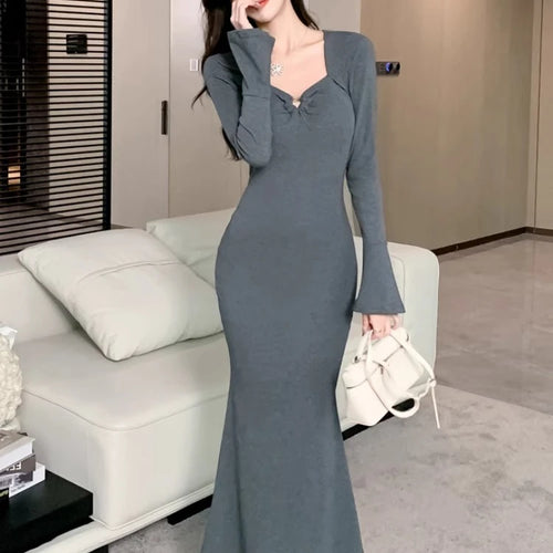 Load image into Gallery viewer, Autumn Winter 2024 Korean Black Square Neck Long Sleeved Dress Women Retro Grey Elegant Office Slim Wrap Hip Fishtail Dress Chic

