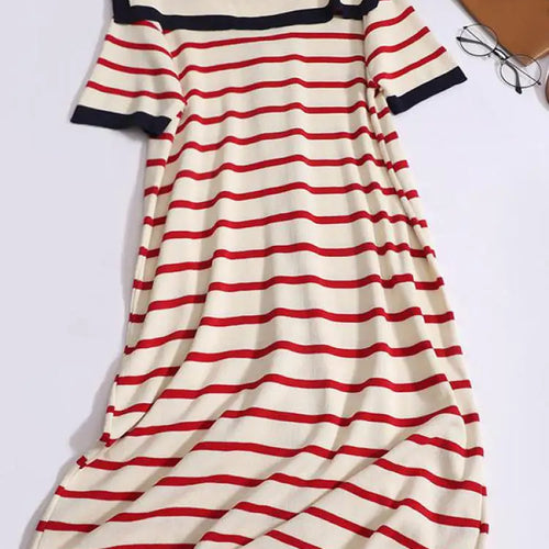Load image into Gallery viewer, Summer Black White Striped Long Dress Women Red Patchwork Elegant Short Sleeve Fashion Single Breasted Holiday Dresses 2024 New
