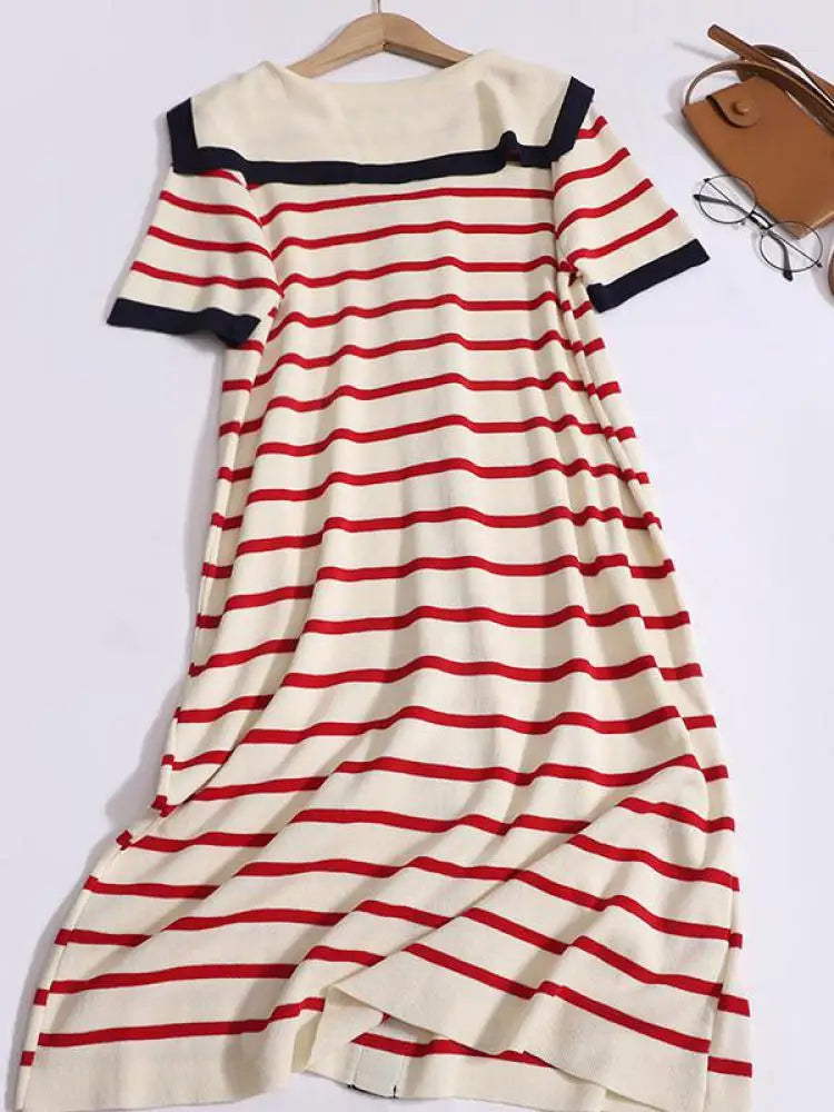 Summer Black White Striped Long Dress Women Red Patchwork Elegant Short Sleeve Fashion Single Breasted Holiday Dresses 2024 New