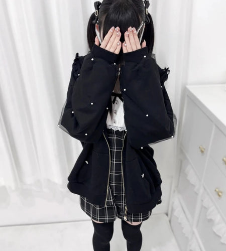 Japanese Pearl Gauze Patchwork Coats Women Y2k Aesthetic Lace Rabbit's Ears Jackets Casual Oversized Harajuku Kawaii Hoodies Top