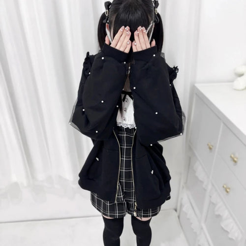 Load image into Gallery viewer, Japanese Pearl Gauze Patchwork Coats Women Y2k Aesthetic Lace Rabbit&#39;s Ears Jackets Casual Oversized Harajuku Kawaii Hoodies Top
