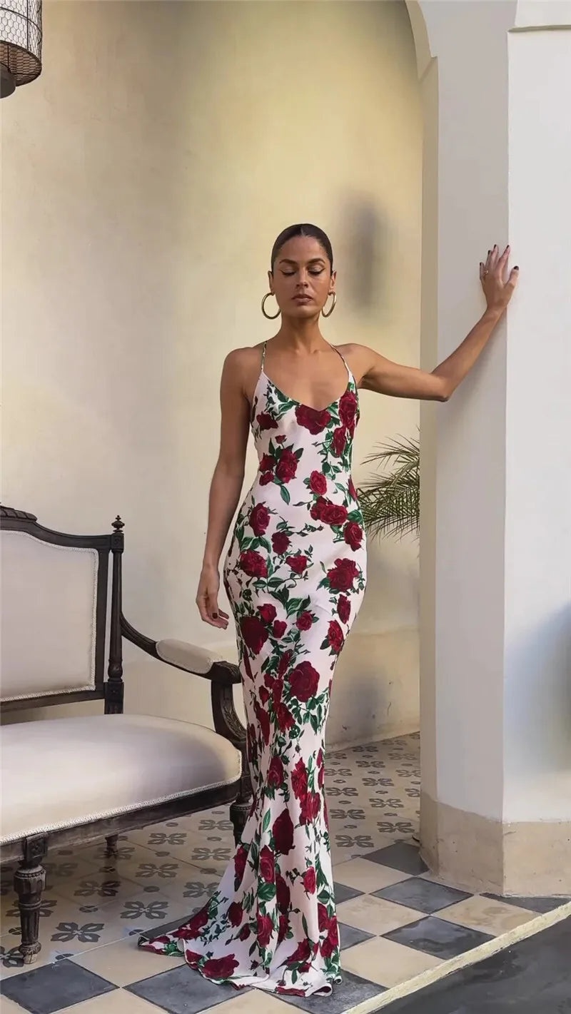 Halter Backless Print Sexy Maxi Dress For Women Gown Elegant Sleeveless High Waist Evening Club Party Long Dress