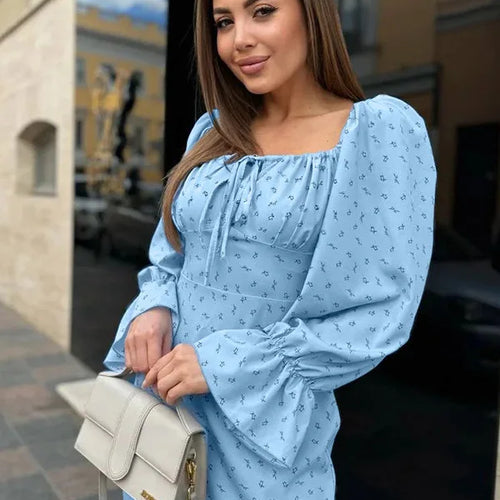 Load image into Gallery viewer, Elegant Single Shoulder Long Sleeve Printed Bodycon Dress Women Sexy Square Neck Slimming Holiday Beach Street Clothing
