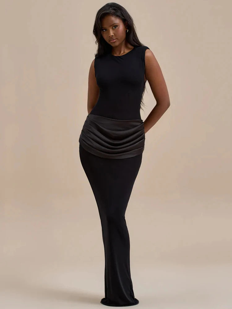 Sleeveless Ruched Sexy Maxi Dress For Women Gown Fashion Black O Neck High Waist Bodycon Club Party Long Dress Vestido