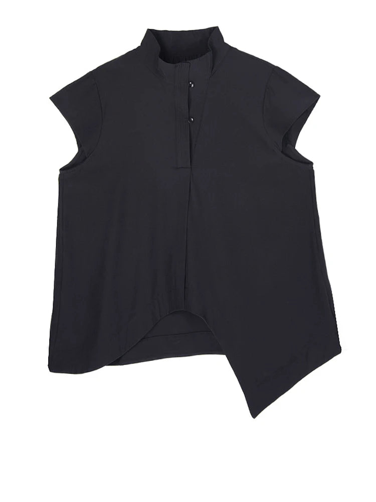 Women Black Irregular Hem Big Size Elegant Blouse New Stand Collar Sleeveless Shirt Fashion Spring Summer 2025 1DJ1465