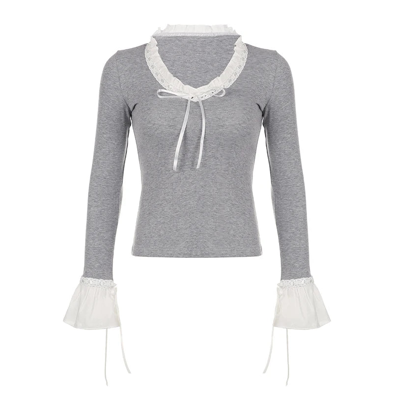 V Neck Grey Sweet Women T-shirts Flare Sleeve Knit Slim Bow Cute Top Autumn Tee Shirts Lace Ruffles Spliced Outfits