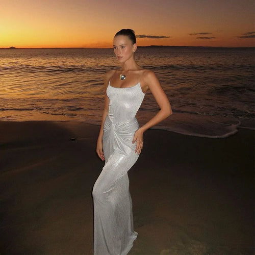 Load image into Gallery viewer, Sliver Spaghetti Strap Sexy Maxi Dress For Women Fashion Sparkle Sleeveless Backless Ruched Beach Club Sexy Long Dress
