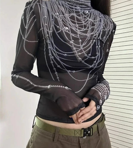 Personality Harajuku Vintage Pearl Print T-shirts Y2k Aesthetic Half Turtleneck Bottoming Tshirts Women See Through Gauze Tees