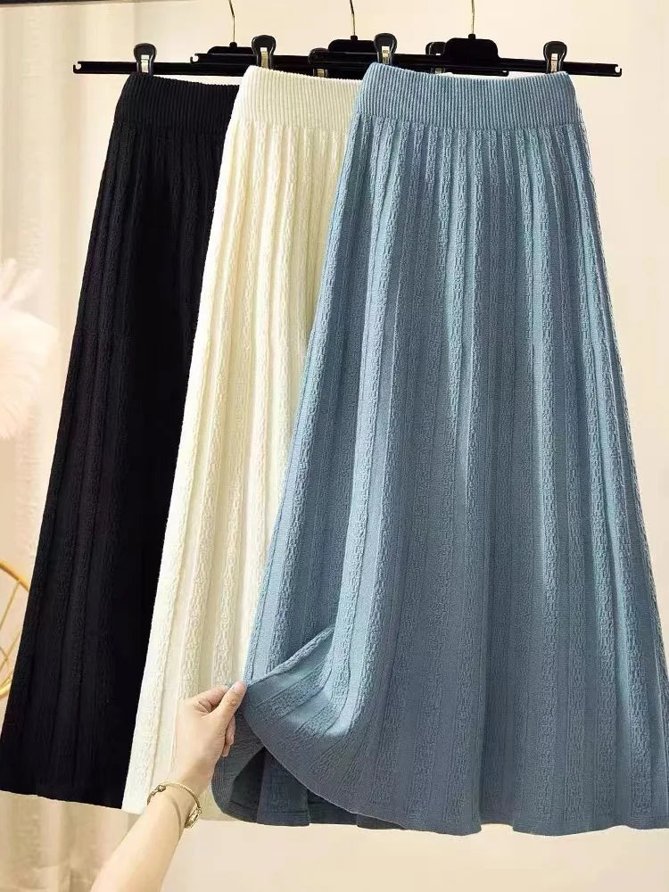 Autumn Winter New Elegant Slim Elastic High Waist A-line Skirt Solid Holiday Striped Big Swing Knitted Skirts Women Popular