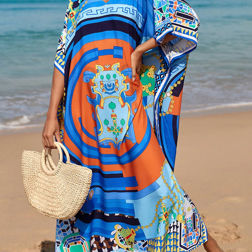 Load image into Gallery viewer, Colorful Kaftan Tunic Beach Cover Up Cover-ups Beach Dress Beach Wear Beachwear Loose Maxi Dress Female Women V4428
