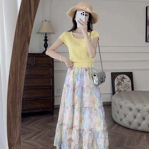 Load image into Gallery viewer, French Vintage Fashion Women's Flower Elegant Pleated Long Skirt Spring Summer High Waist Party A-line Skirts Popular Bohemian
