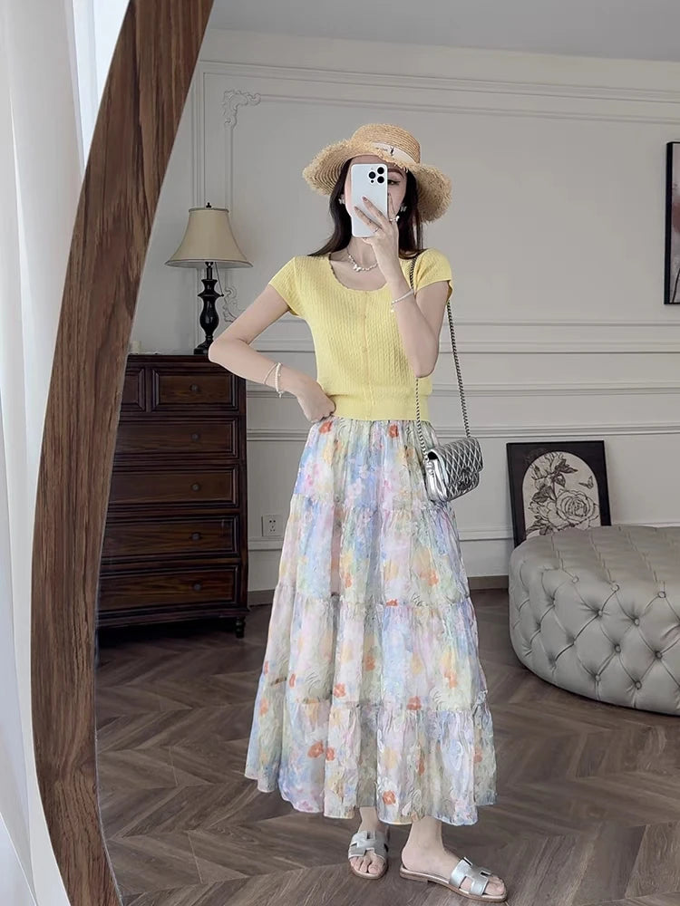 French Vintage Fashion Women's Flower Elegant Pleated Long Skirt Spring Summer High Waist Party A-line Skirts Popular Bohemian