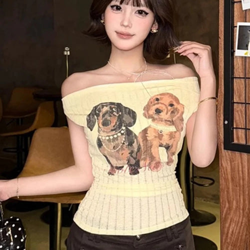 Load image into Gallery viewer, Women Harajuku Cartoon Printing Tops Y2k Aesthetic Sexy Slash Neck Fairy Tees Summer Slim Fit Streetwear Grunge Cropped Tshirts
