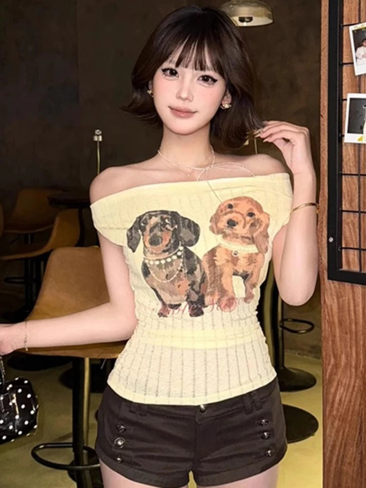 Women Harajuku Cartoon Printing Tops Y2k Aesthetic Sexy Slash Neck Fairy Tees Summer Slim Fit Streetwear Grunge Cropped Tshirts