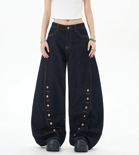 Streetwear Male Jeans Buttonhole Loose Curved Knife Jean Trendy High Street New American Tide Design Wide Leg Men 9W1198