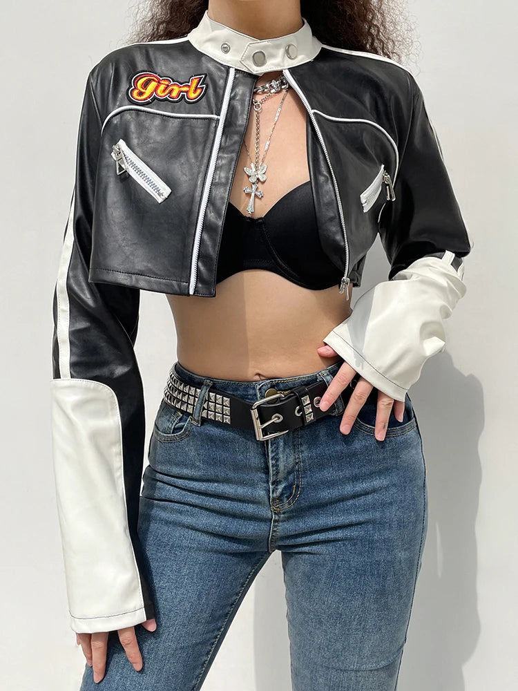 Streetwear Punk Style Patchwork Cropped PU Leather Jacket Women Zipper Autumn Winter Jacket Contrast Color Basic Coat