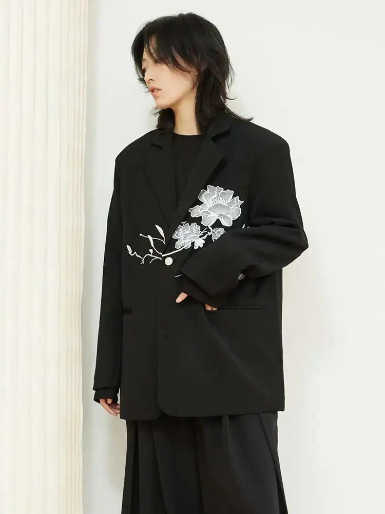 Women Black Embroidery Flower Big Size Blazer New Lapel Long Sleeve Loose Fit Jacket Fashion Spring Autumn 2025 1DF3628
