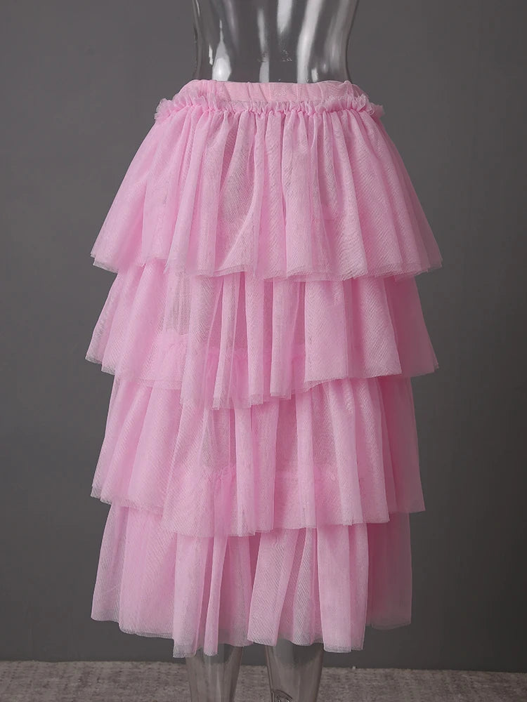 Mesh T-shirt Cake Half-body Skirt Two Pieces Suit New Round Neck Short Sleeve Women Fashion Spring Summer 2025 CPG3209