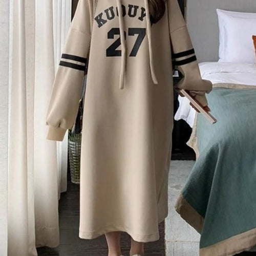 Load image into Gallery viewer, Korean Stule Letter Hooded Dress Sport Loose Oversize School Student Autumn Long Sleeve Midi Dresses 2023 Atuumn
