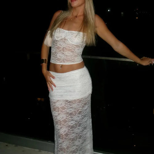 Load image into Gallery viewer, White Lace Sexy Two Piece Sets Woman Halter Top And Long Maxi Skirt Ladies Fashion Sheer Mesh Elegant Matching Sets
