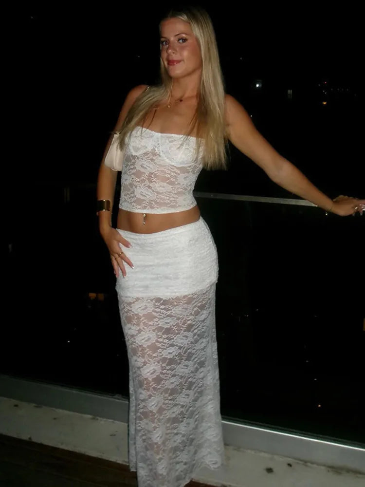 White Lace Sexy Two Piece Sets Woman Halter Top And Long Maxi Skirt Ladies Fashion Sheer Mesh Elegant Matching Sets