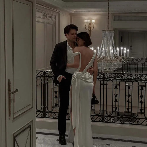 Load image into Gallery viewer, Satin Backless Sexy Maxi Dress For Women Elegant Rose Thigh High Split Beach Holiday Long Dress Gorgeous Club Gown
