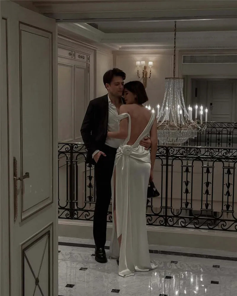 Satin Backless Sexy Maxi Dress For Women Elegant Rose Thigh High Split Beach Holiday Long Dress Gorgeous Club Gown