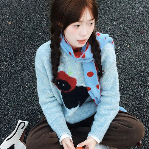 Load image into Gallery viewer, Vintage Preppy Kawaii Cartoon Jacquard Sweaters Sweet Harajuku Loose Grunge Jumpers Y2k Aesthetic Women Blue Knitted Pullovers
