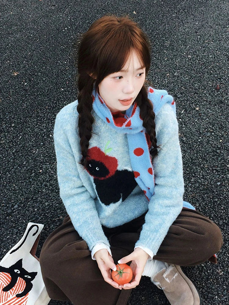 Vintage Preppy Kawaii Cartoon Jacquard Sweaters Sweet Harajuku Loose Grunge Jumpers Y2k Aesthetic Women Blue Knitted Pullovers