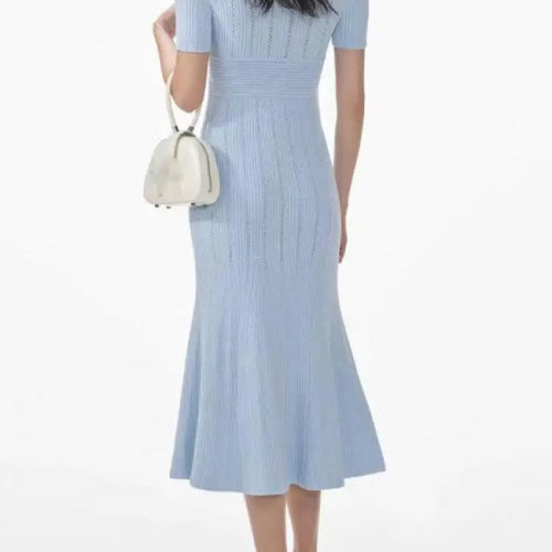 Load image into Gallery viewer, French Women's Black White Short Sleeved Knitted Long Dress Summer Blue V-neck High Waist Slim Hollow Out Button Pleated Dresses
