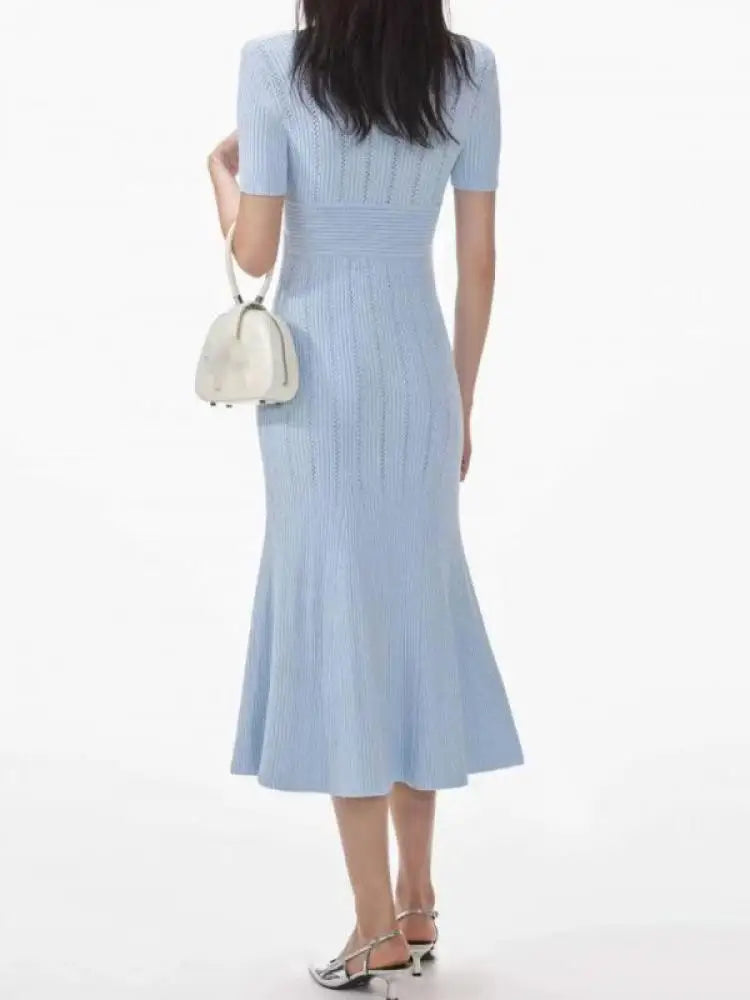 French Women's Black White Short Sleeved Knitted Long Dress Summer Blue V-neck High Waist Slim Hollow Out Button Pleated Dresses