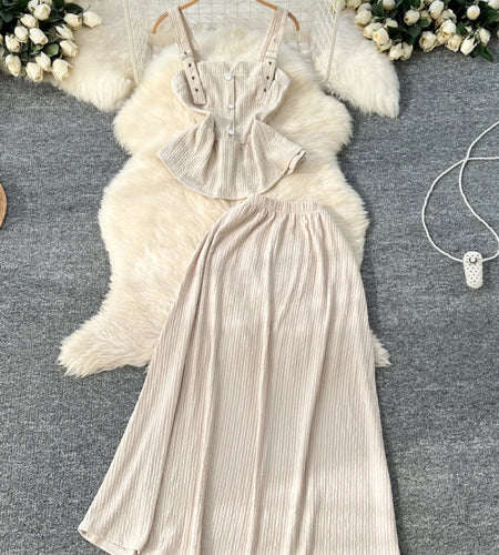 Summer Two Pieces Set Women Solid Sexy Club Elegant Button Backless Short Slip Tops And High Waist Pleated Long Skirt Suit Korea