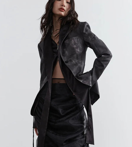 Women Dark Gray Pu Leather Irregular Slit Blazer New Lapel Long Sleeve Jacket Fashion Tide Spring Autumn 2025 1DH4722