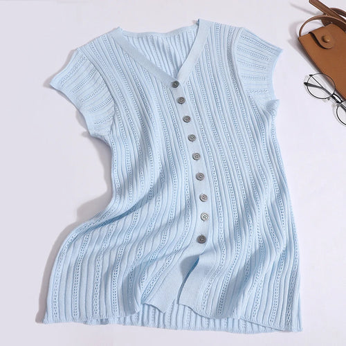 Load image into Gallery viewer, Women Solid Single Breasted Slim Hollow Out Knitted T-shirt Summer Short Sleeve V-neck Cardigan Tops 2024 Versatile Fashion New

