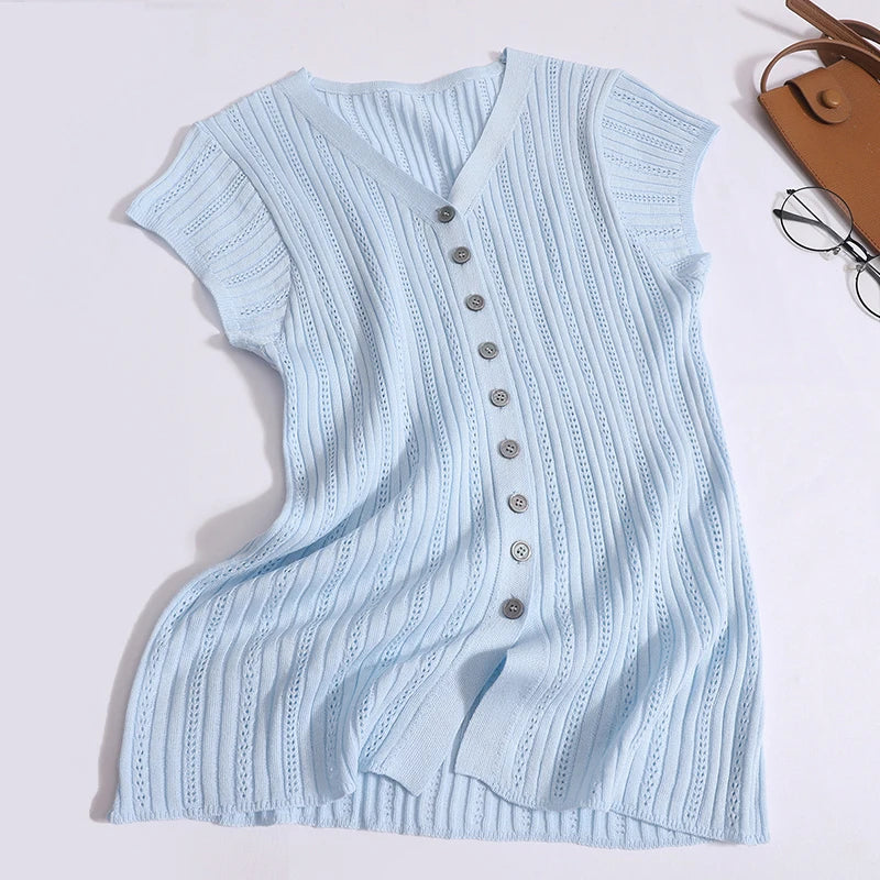 Women Solid Single Breasted Slim Hollow Out Knitted T-shirt Summer Short Sleeve V-neck Cardigan Tops 2024 Versatile Fashion New