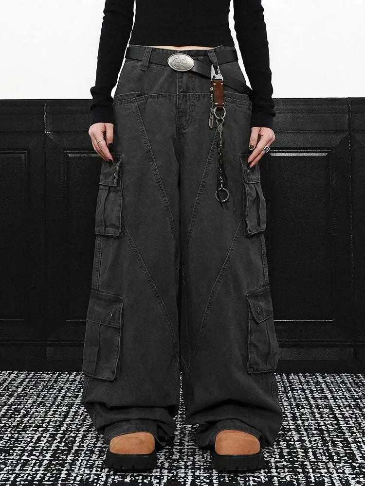 High Waist Gray Pockets Denim Long Vintage Wide Leg Jeans New Women Trousers Fashion Tide Spring Autumn 2025 1DH9390