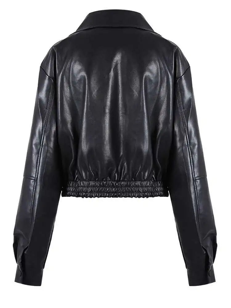 Loose Fit Green Pu Leather Big Size Casual Jacket New Lapel Long Sleeve Women Coat Fashion Tide Spring Autumn 2025 CPG0419