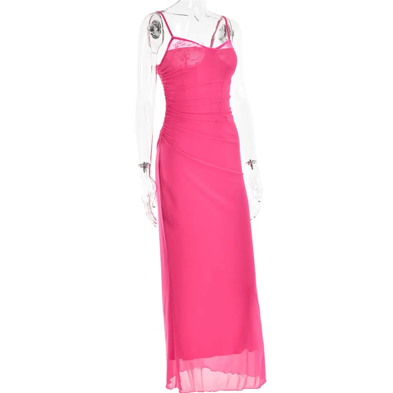 Elegant Spaghetti Strap Backless Sexy Maxi Dress For Women Fashion Two Layer Mesh Sleeveless Bodycon Club Party Dress